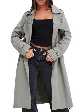 Women's Gray Notch Collar Long Sleeve Pocketed Double Breasted Trench Jackets